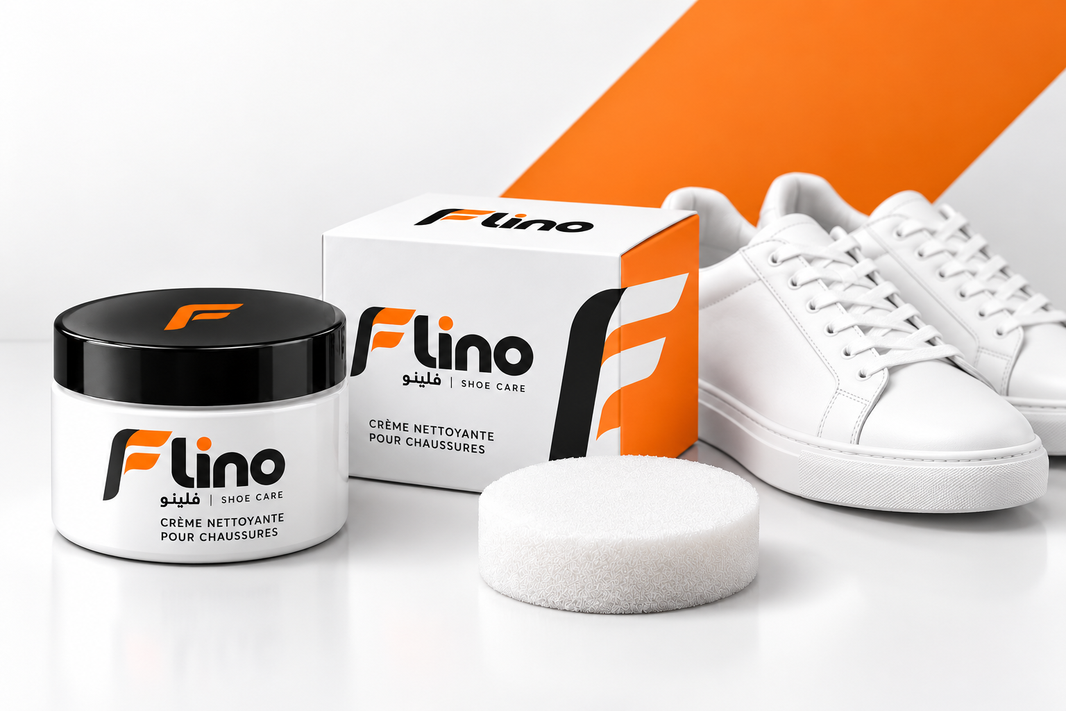 FLINO cleaning cream, sponge, box and white sneakers