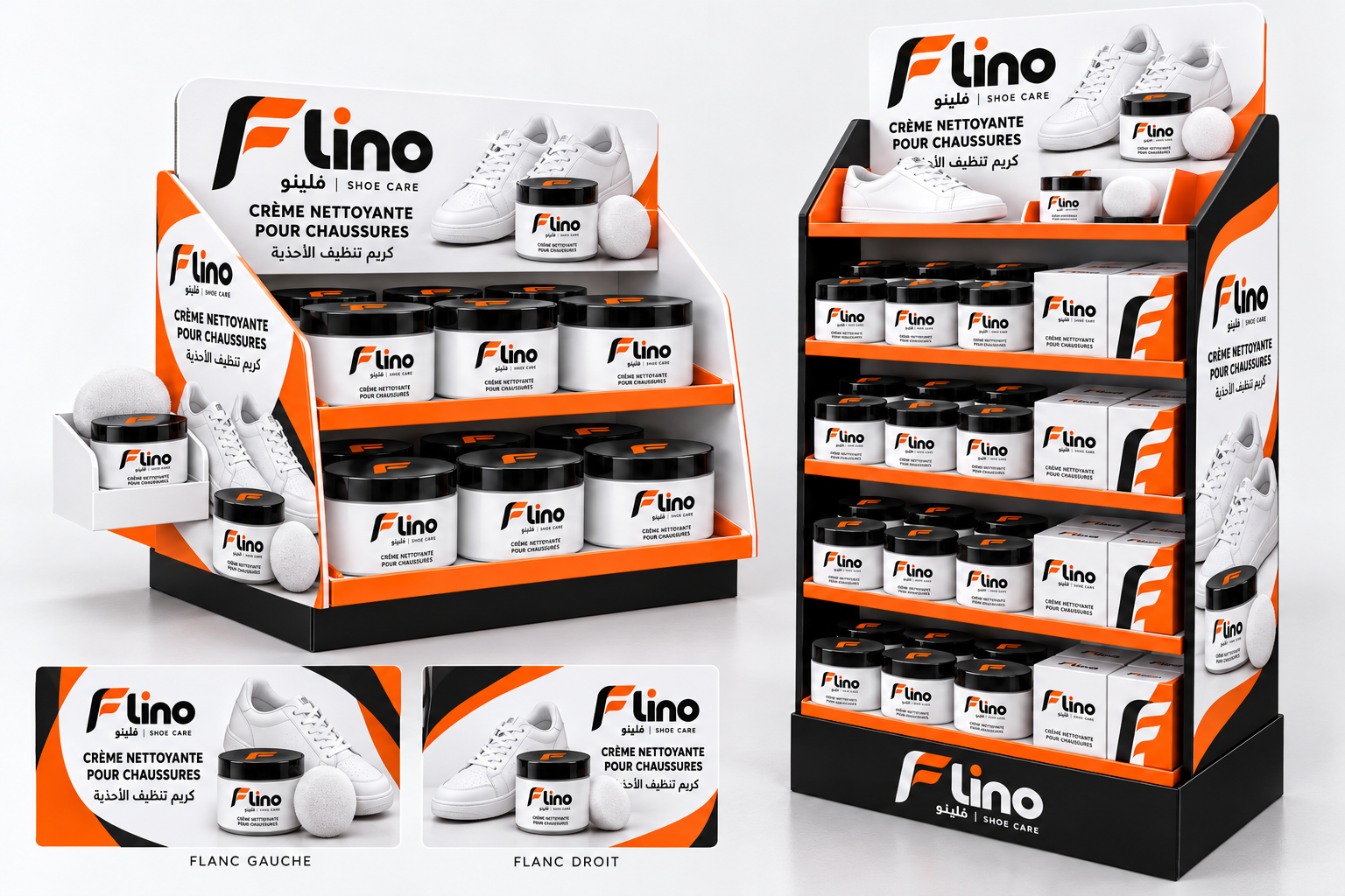 Black and orange FLINO countertop and floor displays with sneaker visuals