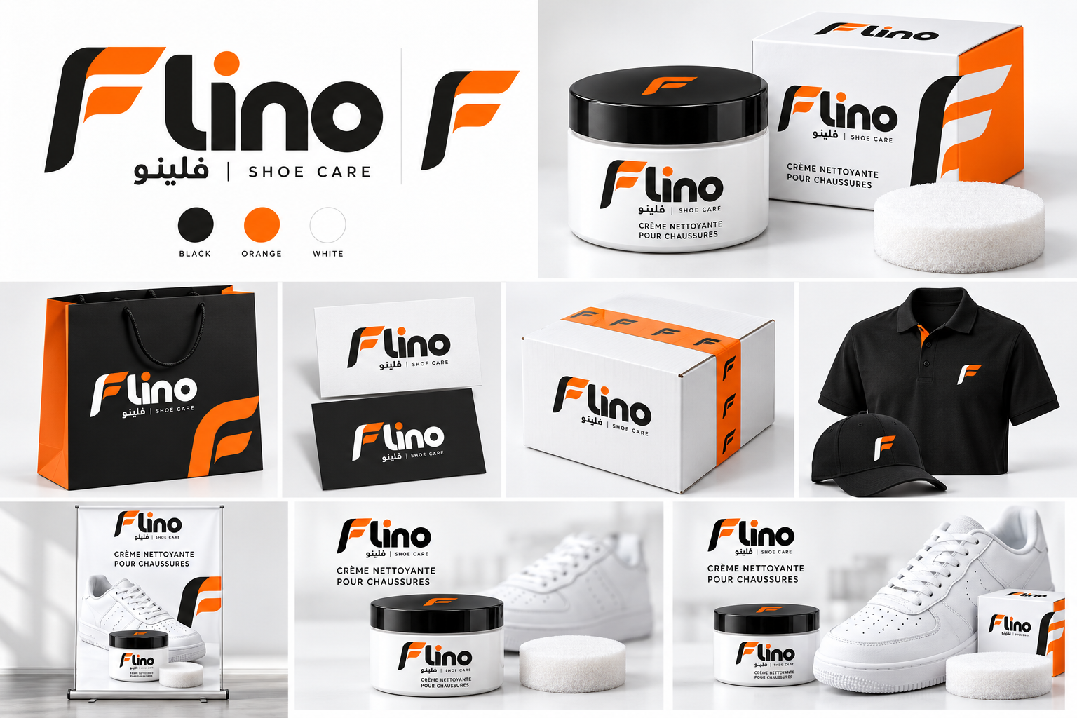FLINO identity: packaging, bag, cards and black and orange retail materials